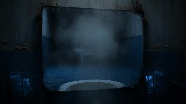 Horror Foggy cracked mirror bathroom broken glass reflection horror eerie dark room atmosphere steamy mirror mystery suspense scene broken mirror cracked glass dark bathroom horror mood eerie