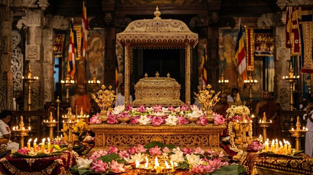 Kandy Esala Perahera, sacred relic casket on luxurious pedestal surrounded by lotus flowers and golden candlelight