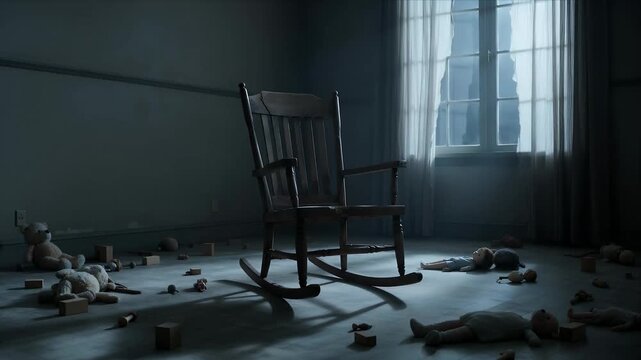 Horror dark nursery empty rocking chair eerie mood abandoned toy childhood memory dramatic lighting haunted room horror atmosphere spooky interior lonely atmosphere creepy baby doll empty child room