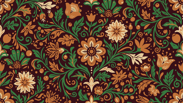 Seamless Slavic Folk Floral Pattern with Vintage Ornament on Dark Red Background