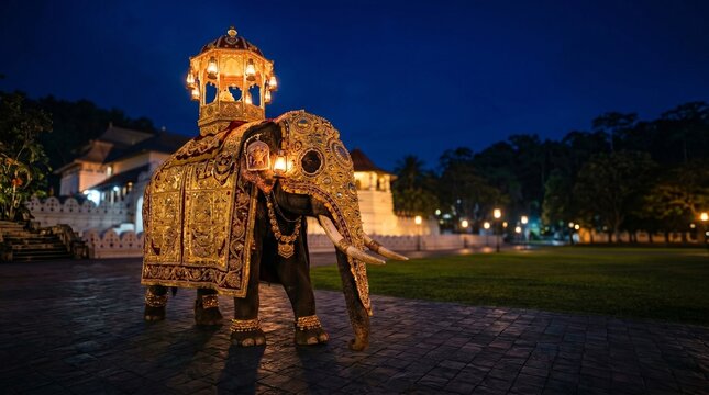 Kandy Esala Perahera, majestic ceremonial elephant adorned with ornate golden decorations and illuminated lanterns