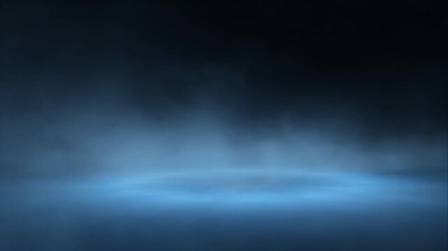 Horror Mysterious blue fog floor glow dark background with neon mist smoke haze, surreal light circle over reflective floor creating atmospheric futuristic ethereal abstract fantasy mood