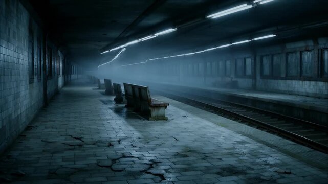 Horror abandoned subway station empty platform underground tunnel cracked floor moody lighting eerie atmosphere urban decay old bench foggy night deserted track deep underground metro platform broken