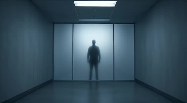 Horror Silhouette man dark corridor behind frosted glass shadow mystery eerie horror suspense fear thriller moody empty hallway interior building fluorescent light reflection creates vanishing
