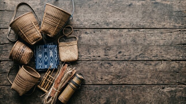 Festival Suku Baduy, handcrafted baskets, natural fibers and local cultural objects on wooden background