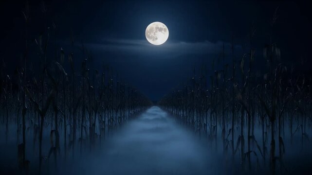 Horror Spooky dark cornfield night landscape with full moon fog and eerie misty field pathway rural agriculture horror background under dramatic moonlight sky