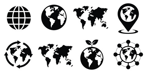 Global Earth Icons, monochromatic world symbols, globe and international connection signs, geography and planet vector illustration set. © ayat 02