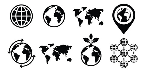 Global Earth Icons, monochromatic world symbols, globe and international connection signs, geography and planet vector illustration set. © ayat 02