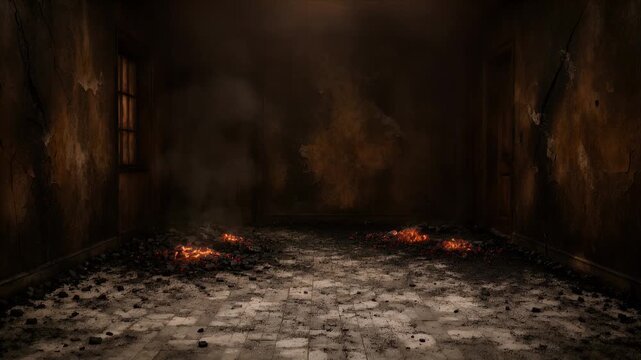 Horror burned room fire damage dark interior burnt wall glowing ember destroyed floor abandoned building smoky atmosphere disaster aftermath horror scene with ruined scorched floor ashes smoke
