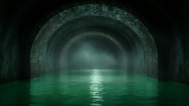 Horror Mysterious sewer tunnel underground arch stone brick wall green water fog darkness eerie atmosphere creepy cinematic light urban drain symmetry reflection spooky mood abandoned passage