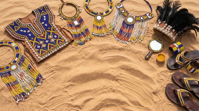 Gerewol Festival, colorful african beadwork and ceremonial accessories on textured sand background