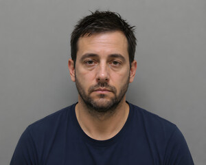 Fototapeta premium Male Mugshot Portrait, Booking Photo, Arrest Record, Criminal Suspect Identification, Law Enforcement Image