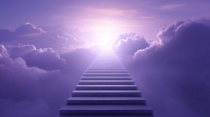 Fototapeta premium Surreal stairway to heaven, long white marble staircase, purple cloud sky, glowing light, fantasy scene