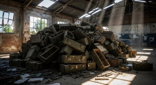 Pile of military ammunition crates inside abandoned warehouse. Old wooden boxes with bullet ordnance storage. Industrial relic of past conflict and war. Destruction and history concept.