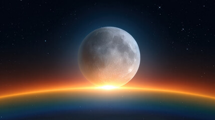 Fototapeta premium Glowing moon bright star rainbow horizon cosmic sky space scene lunar surface celestial body night sky orange glow blue aura