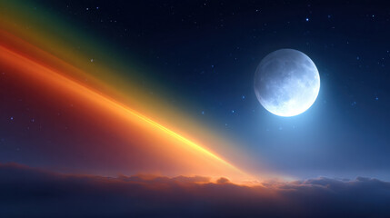 Fototapeta premium Full moon star rainbow sky night cloud glow light blue space celestial orbit lunar crescent horizon atmosphere cosmic astronomy nightfall dusk radiant bright serene dreamy magical colorful streak