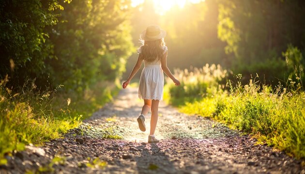Girl walks path into sunlit woods. Back view of child in white dress, straw hat, walking down a path