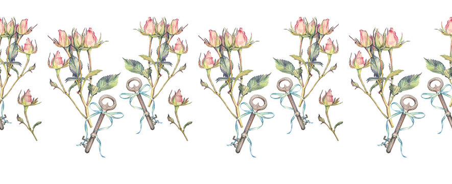 Watercolor seamless border with hand-drawn bouquet rose and silver key with blue bow on white background. Tool for home or garden and garage. Rim for wedding invite card. Frame for wallpaper wrapping