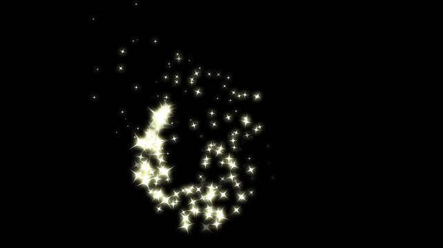 Twinkle light golden star trail motion, fairy flat vector doodle star dust ribbon, sparkling golden glitter animation, magical particle swirl, shimmering fantasy transition effect on black screen.4K