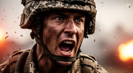 Obraz premium Soldier shouting during violent battle on front line. Aggressive man in camouflage helmet experiencing intense stress of military conflict. Combat atmosphere with smoke and explosion.