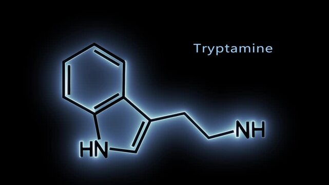 Skeletal formula of alkaloid Tryptamine. Chemical molecule. Neon glowing.