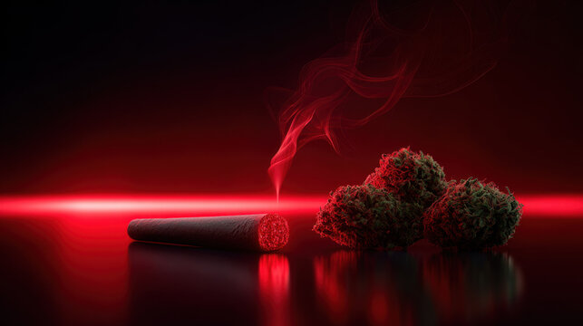 Cannabis flower and smoking joint on dark red background, smoke rising from rolled cigarette, dramatic studio light, luxury still life