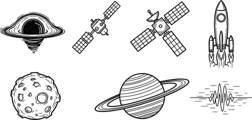 Collection of space exploration icons including a rocket satellites planets and a black hole perfect for science and technology themes © Zohaib