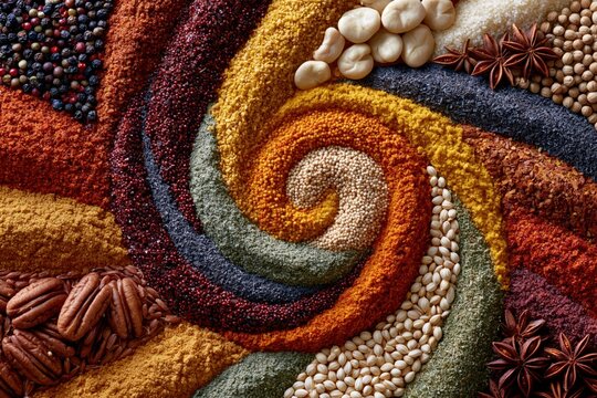 Vibrant spiral arrangement of colorful spices and nuts, a culinary art display of natural ingredients.