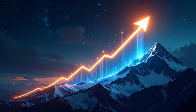 Glowing orange arrow ascends snowy mountains against a dark starry night sky, symbolizing progress and achievement