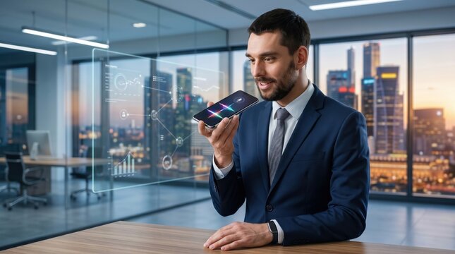 Professional businessman in suit using voice assistant on smartphone with holographic financial charts projection in modern glass office overlooking city skyline at sunset.