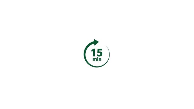 A simple green circular timer displaying fifteen minutes with a clockwise arrow indicating elapsed time on a clean white background, representing a time limit or countdown