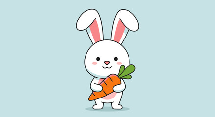 Obraz premium Cute cartoon white rabbit holding carrot.