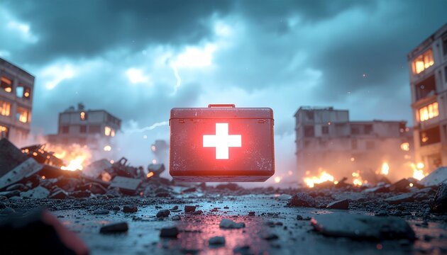 A glowing red first aid kit stands amidst rubble and flames in a war-torn cityscape under a stormy sky with destruction.