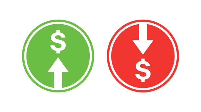Dollar currency value increase and decrease round icon set for financial market status