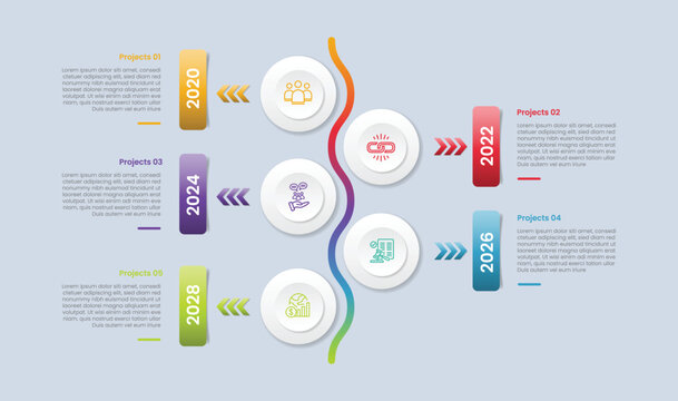 vertical timeline direction infographic with glossy gradient style with circle on smooth wavy line with arrow pointer with five segment information
