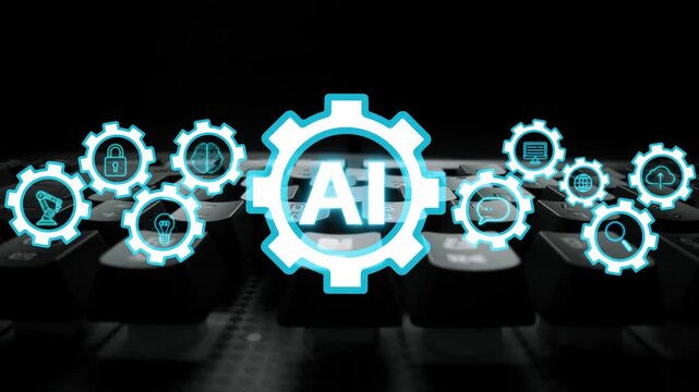 Futuristic Representation of Artificial Intelligence with Cogs and Digital Icons on Keyboard Background for Technology Concepts and Innovations. Entropy.
