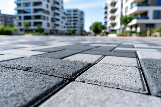 Close-up view of modern grey and white interlocking paving stones in a city square with blurred apartment buildings.