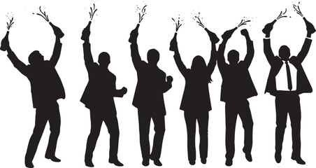 Fototapeta premium Black Solid Successful Founder Popping Champagne Silhouettes Set of Six on White Background