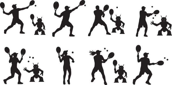 Black Solid Robot Human Tennis Match Silhouettes Set of Six on White Background