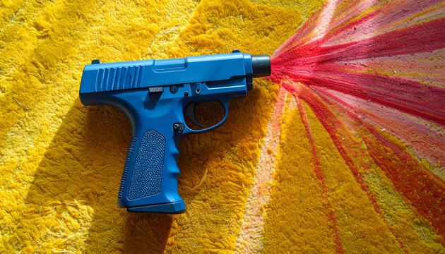 Blue toy gun shooting colorful streamers on a yellow textured background.