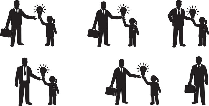 Black Solid Successful Manager Handing Lightbulb Silhouettes Set of Six on White Background