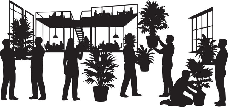Black Solid Team Member Arranging Potted Plant Silhouettes Set of Six on White Background