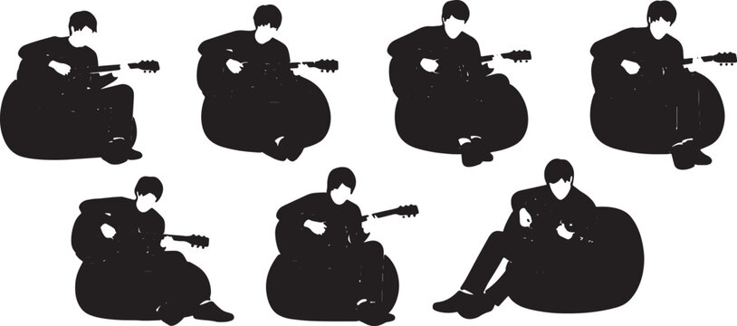 Black Solid Tech Worker Acoustic Guitar Beanbag Silhouettes Set of Six on White Background