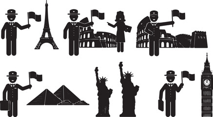 Obraz premium Black Solid Travel Tourism Guide Silhouettes Set of Six on White Background