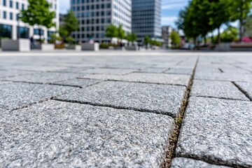 Close-up view of gray granite paving stones in a modern urban plaza with blurred buildings and trees in background.