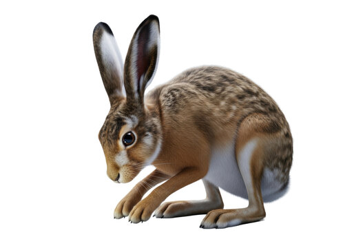 a majestic wild european hare with mottled fur meticulously typing on a miniature black laptop against a sterile transparent studio backdrop, concept of animal intelligence and digital communication