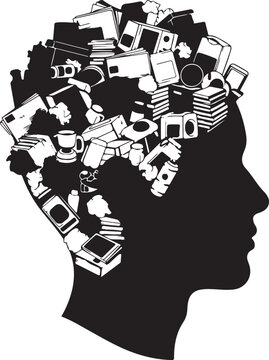 Hoarding disorder concept, cluttered mind head, compulsive collecting, and mental illness vector illustration. isolated transparent background