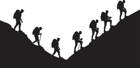 Fototapeta premium Black Solid Rocky Mountain Decline Walking Silhouettes Set of Six on White Background