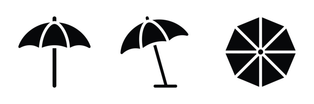 Beach Umbrella Icons, summer vacation sunshade and parasol symbols, seaside relaxation and travel vector illustration set.
