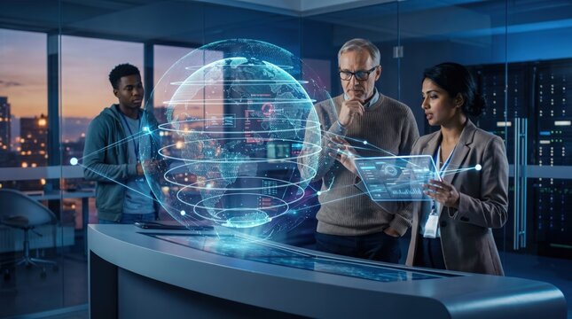 Business professionals interacting with futuristic holographic globe and data interface, global network connectivity visualization